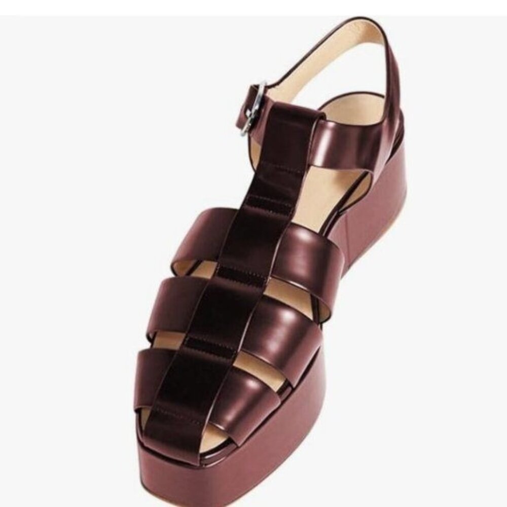 FOWT Red/Brown Square Toe Gladiator Sandals Ankle Strap Wedge Heels Shoes